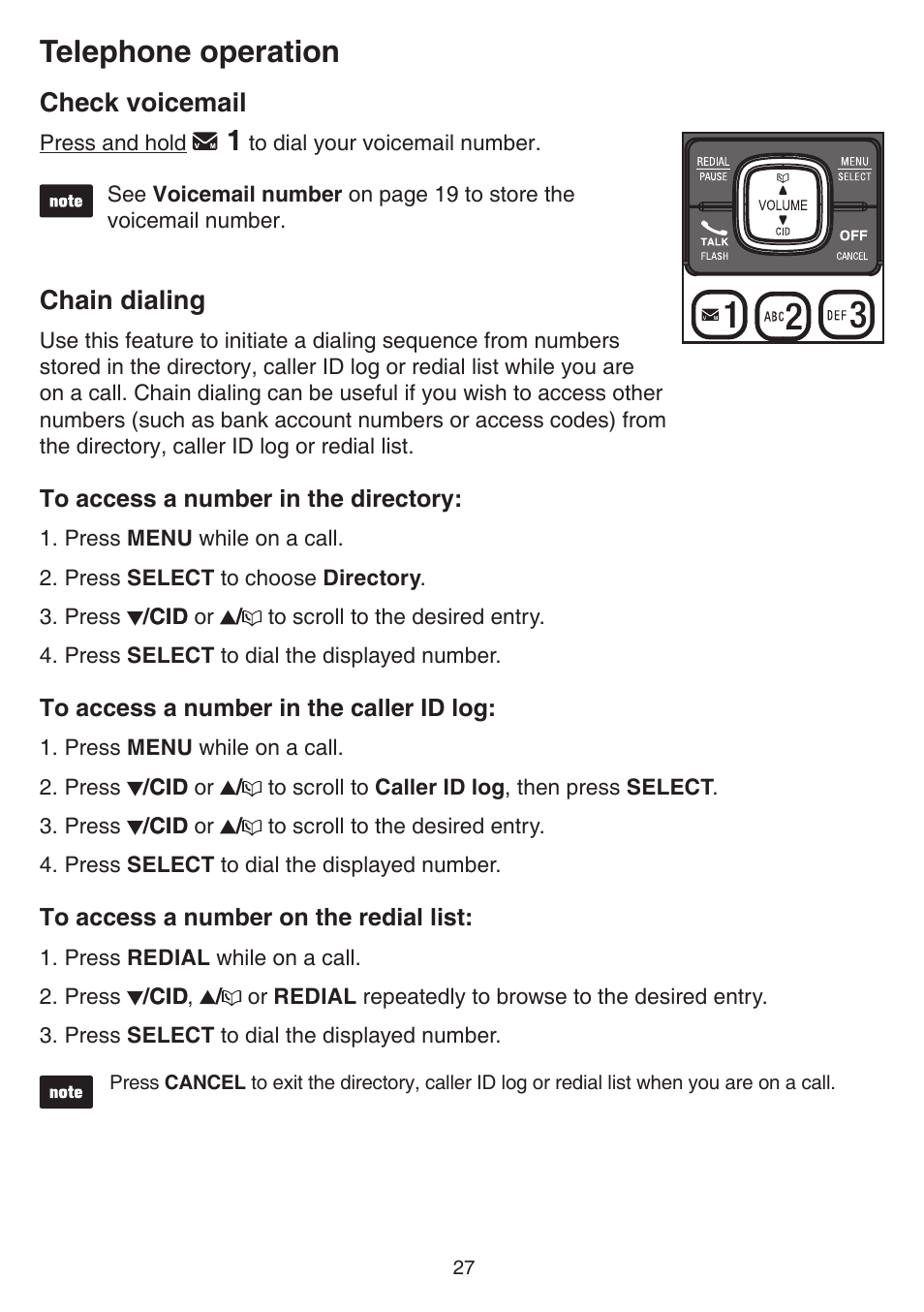 Check voicemail, Chain dialing, Check voicemail chain dialing | Telephone operation | VTech CS6859_-2-3-4 Manual User Manual | Page 31 / 89