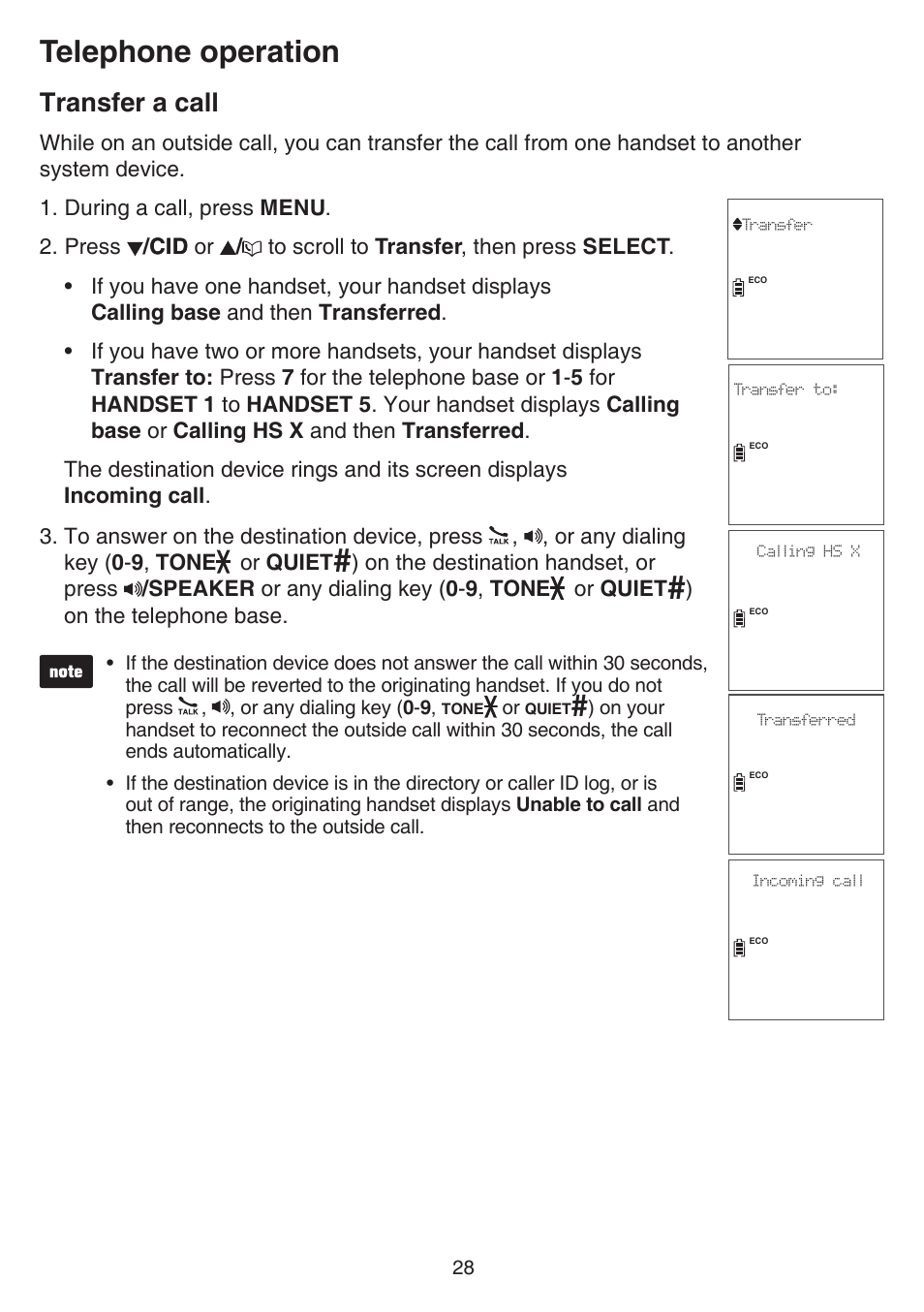 Transfer a call, Telephone operation | VTech CS6859_-2-3-4 Manual User Manual | Page 32 / 89