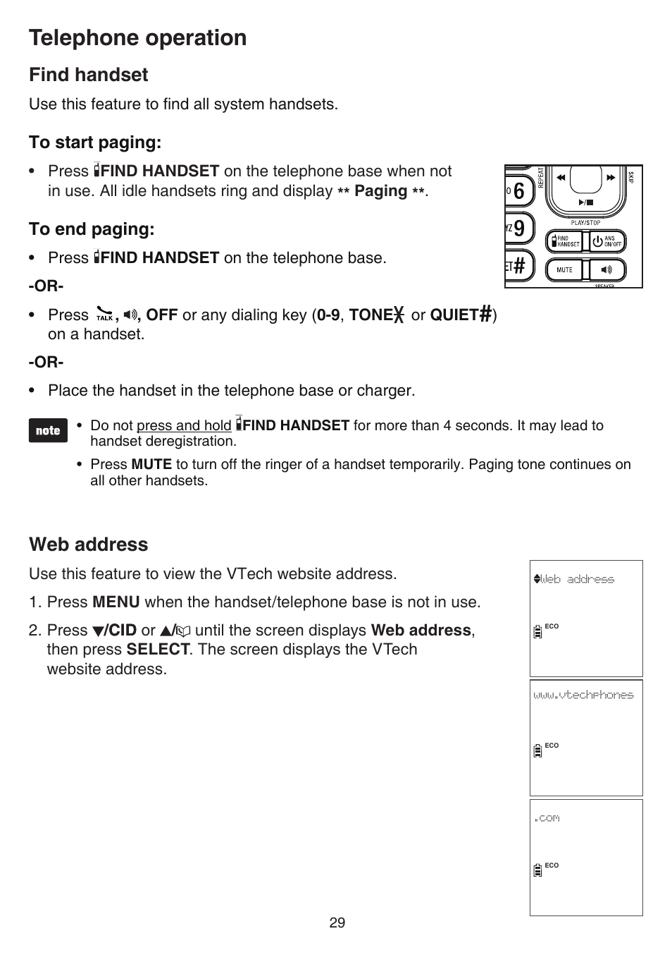 Find handset, Web address, Find handset web address | Telephone operation | VTech CS6859_-2-3-4 Manual User Manual | Page 33 / 89