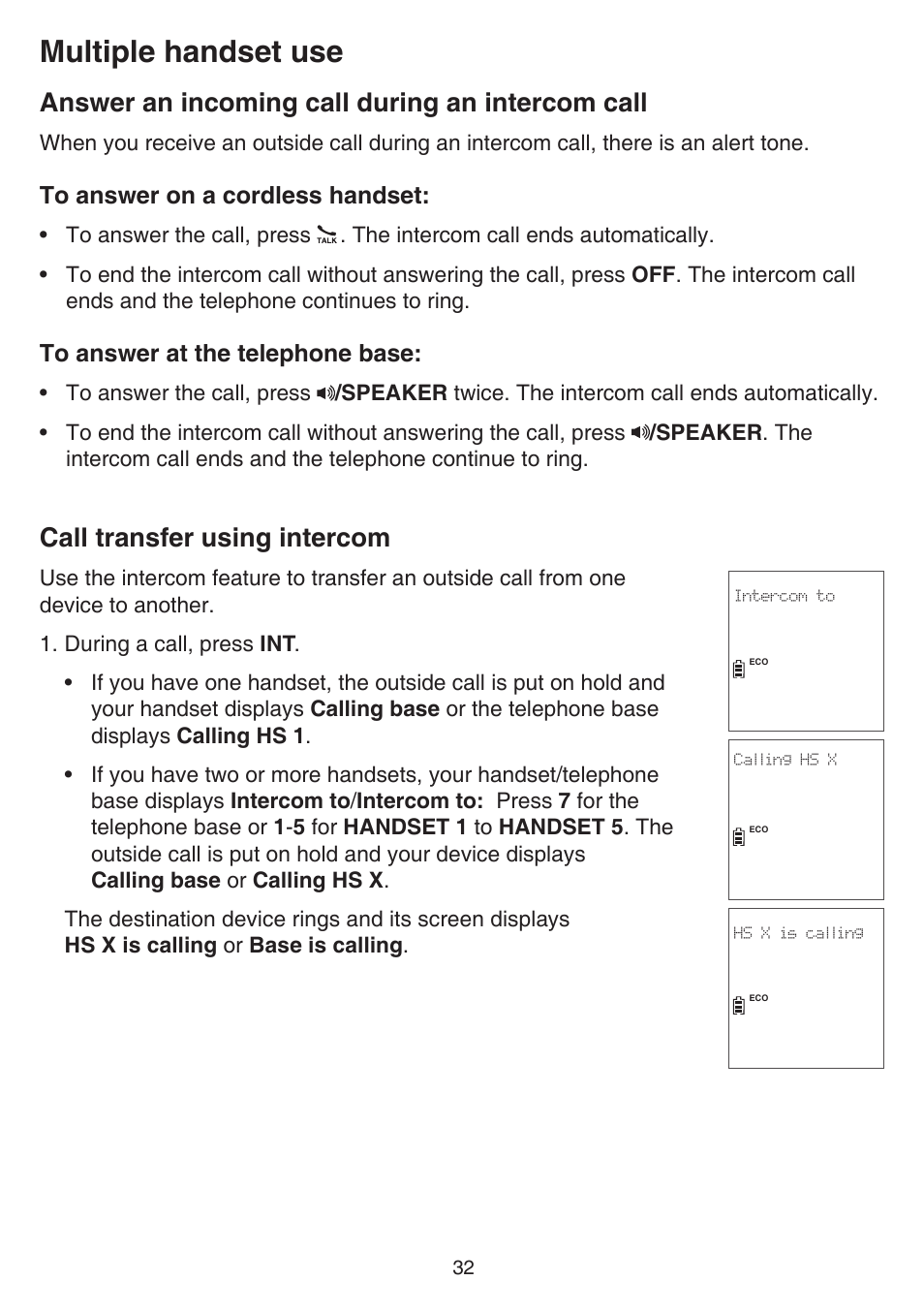 Answer an incoming call during an intercom call, Call transfer using intercom, Answer an incoming call during | An intercom call call transfer using intercom, Multiple handset use | VTech CS6859_-2-3-4 Manual User Manual | Page 36 / 89