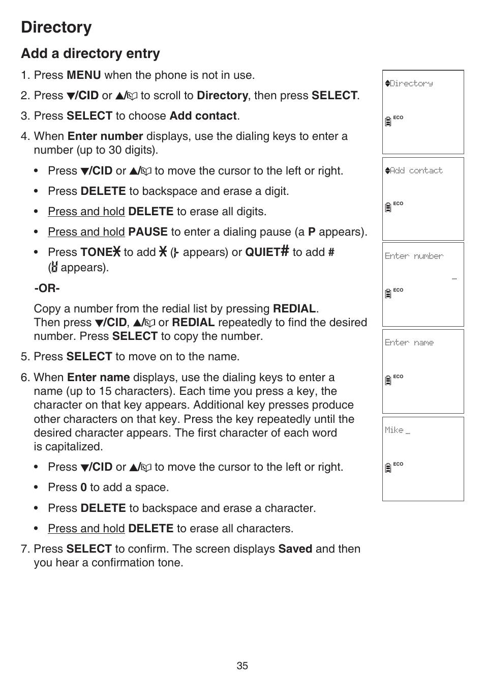 Add a directory entry, Directory | VTech CS6859_-2-3-4 Manual User Manual | Page 39 / 89