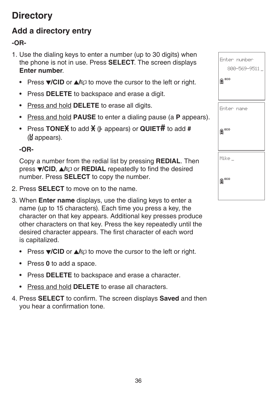 Directory, Add a directory entry | VTech CS6859_-2-3-4 Manual User Manual | Page 40 / 89