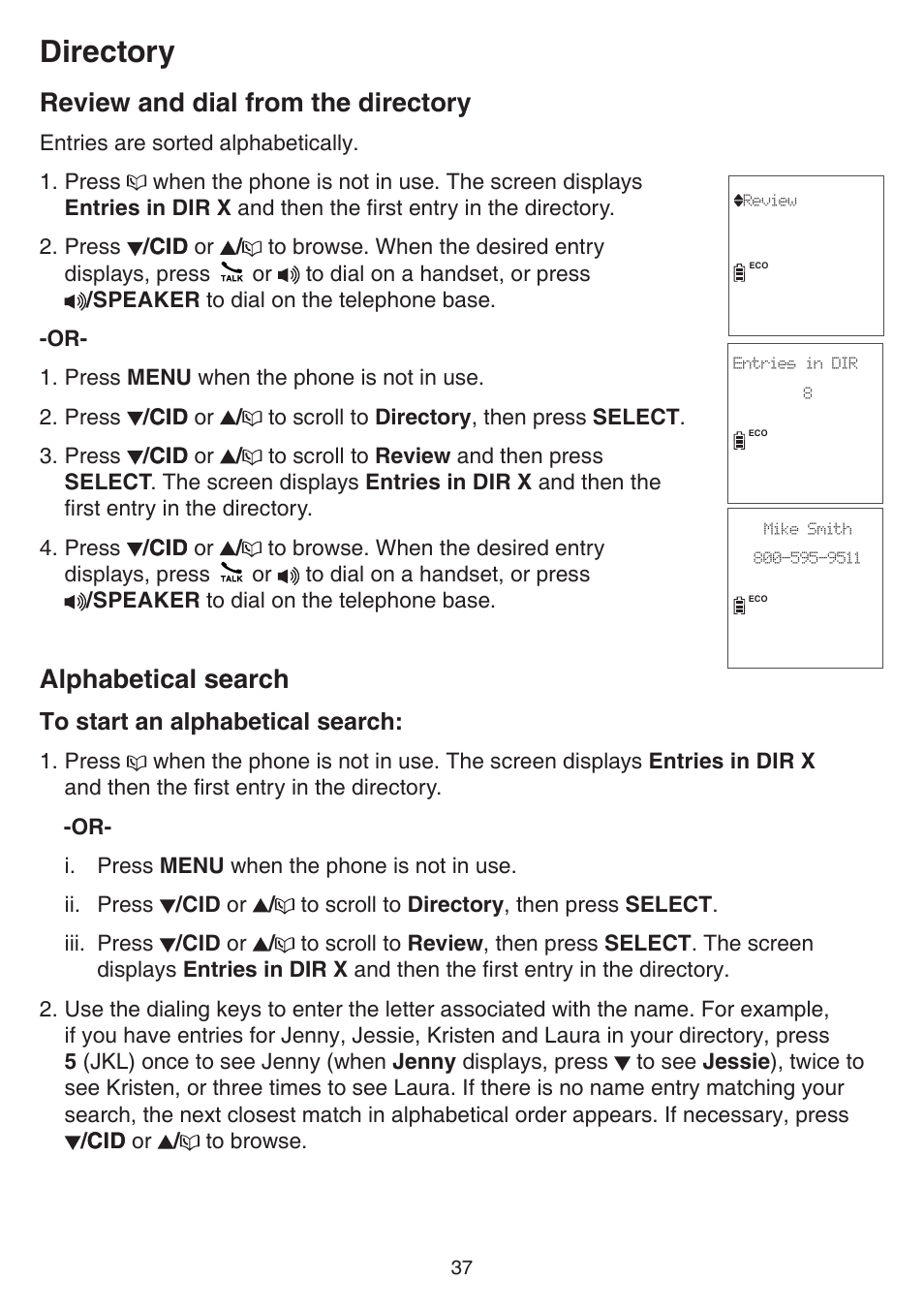 Review and dial from the directory, Alphabetical search, Directory | VTech CS6859_-2-3-4 Manual User Manual | Page 41 / 89