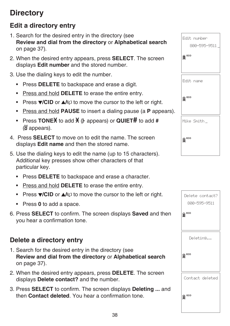 Edit a directory entry, Delete a directory entry, Edit a directory entry delete a directory entry | Directory | VTech CS6859_-2-3-4 Manual User Manual | Page 42 / 89