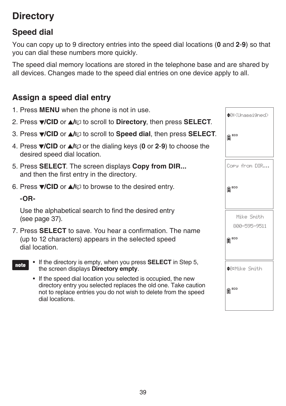 Speed dial, Assign a speed dial entry, Speed dial assign a speed dial entry | Directory | VTech CS6859_-2-3-4 Manual User Manual | Page 43 / 89