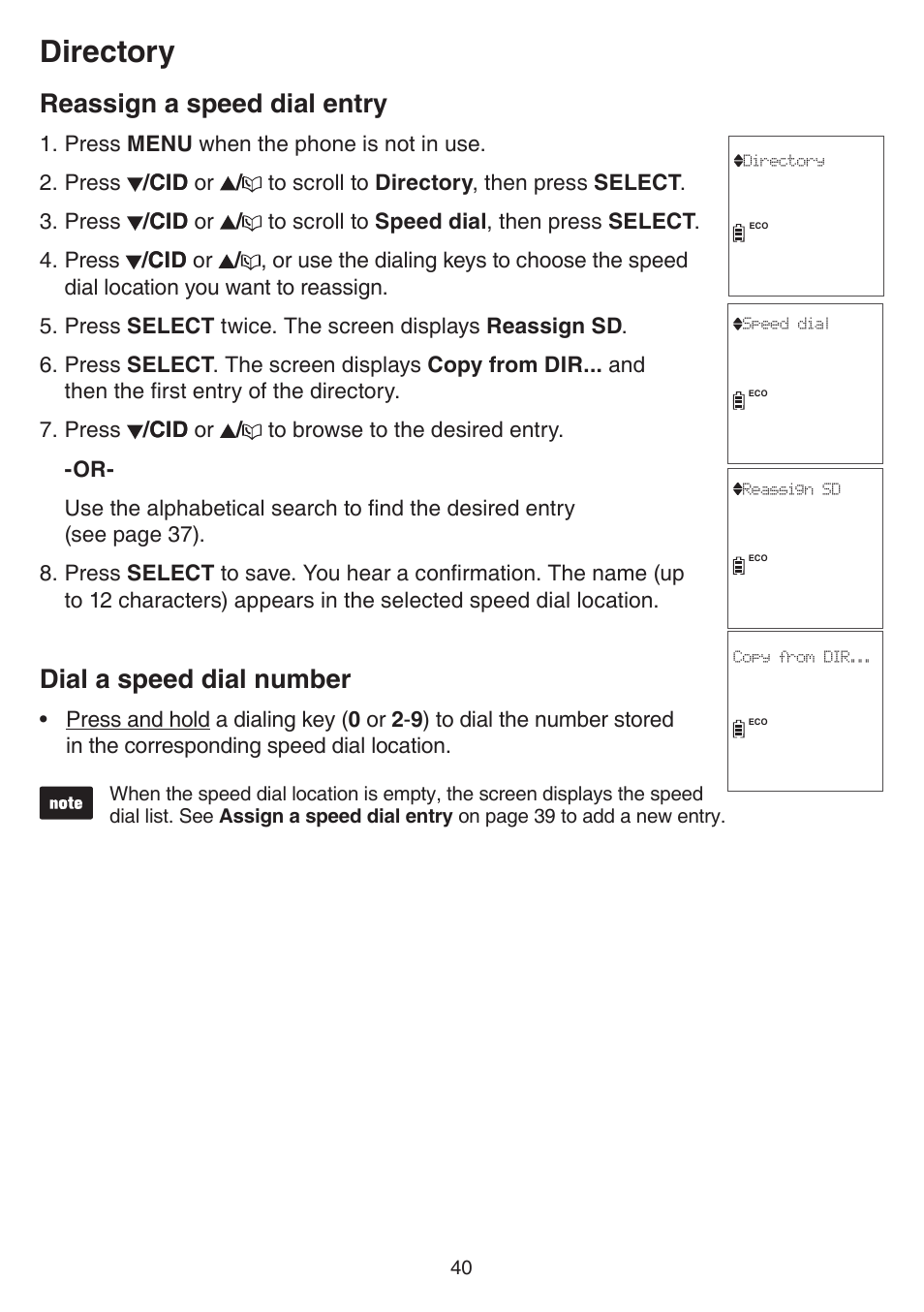 Reassign a speed dial entry, Dial a speed dial number, Directory | VTech CS6859_-2-3-4 Manual User Manual | Page 44 / 89