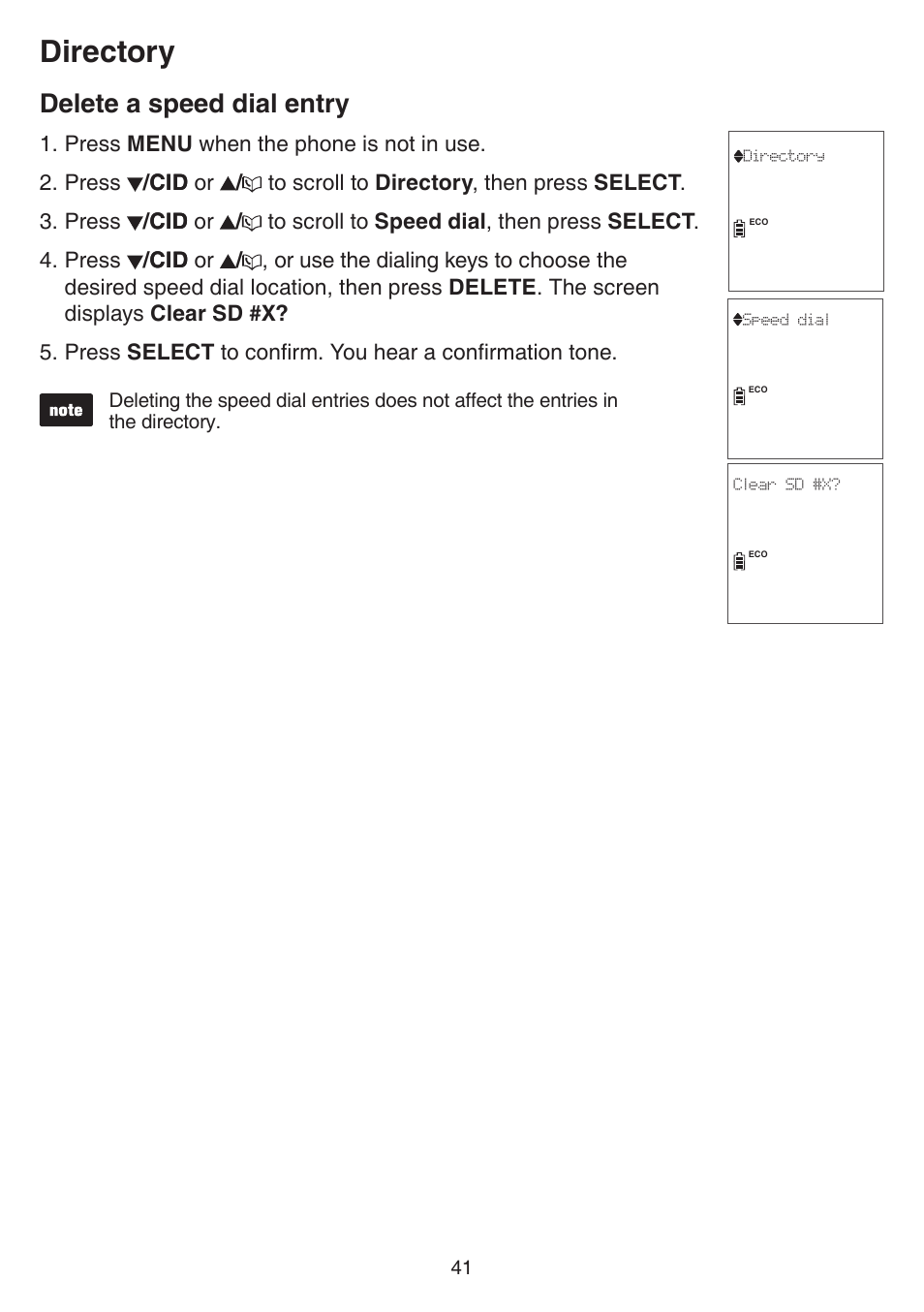 Delete a speed dial entry, Directory | VTech CS6859_-2-3-4 Manual User Manual | Page 45 / 89