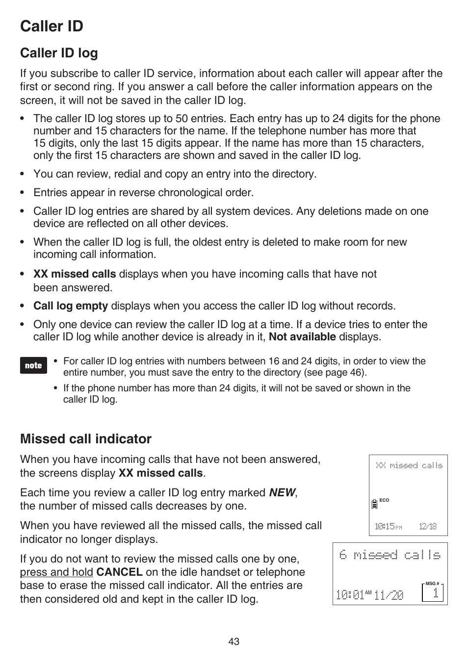 Caller id log, Missed call indicator, Caller id log missed call indicator | Caller id | VTech CS6859_-2-3-4 Manual User Manual | Page 47 / 89