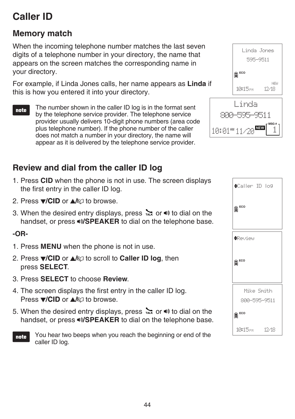 Memory match, Review and dial from the caller id log, Caller id | VTech CS6859_-2-3-4 Manual User Manual | Page 48 / 89