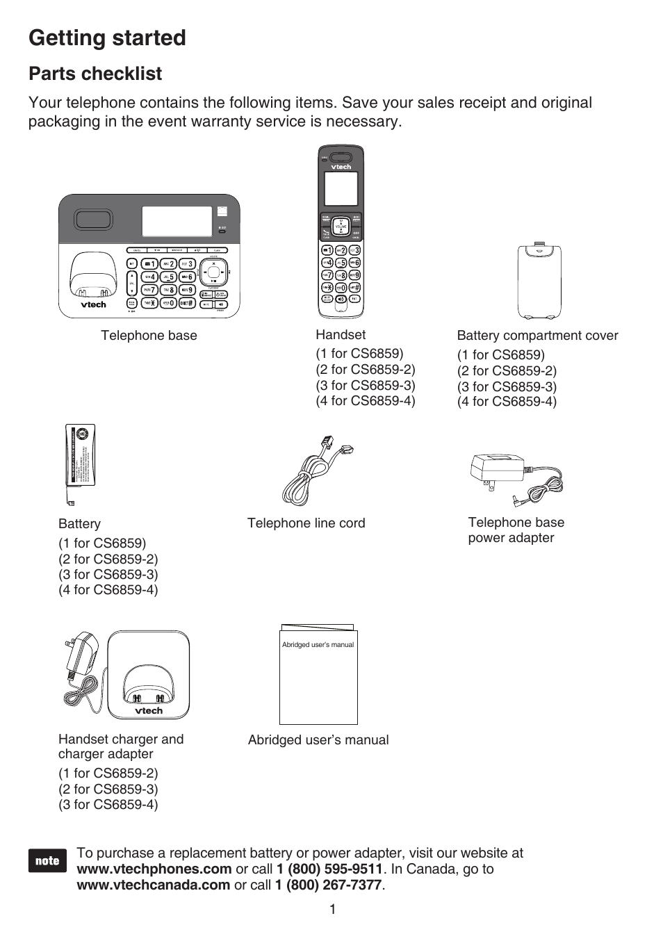 Getting started, Parts checklist | VTech CS6859_-2-3-4 Manual User Manual | Page 5 / 89