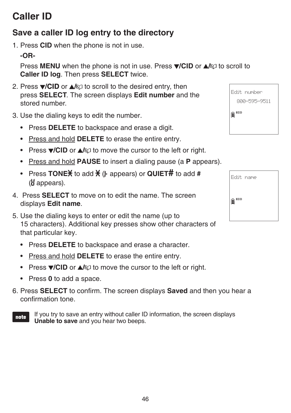 Save a caller id log entry to the directory, Save a caller id log entry to, The directory | Caller id | VTech CS6859_-2-3-4 Manual User Manual | Page 50 / 89
