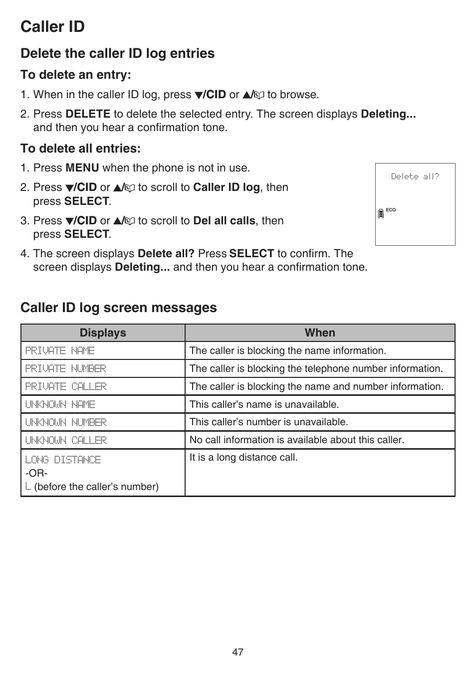 Delete the caller id log entries, Caller id log screen messages, Caller id | VTech CS6859_-2-3-4 Manual User Manual | Page 51 / 89