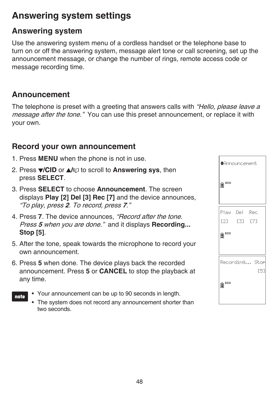 Answering system settings, Answering system, Announcement | Record your own announcement | VTech CS6859_-2-3-4 Manual User Manual | Page 52 / 89