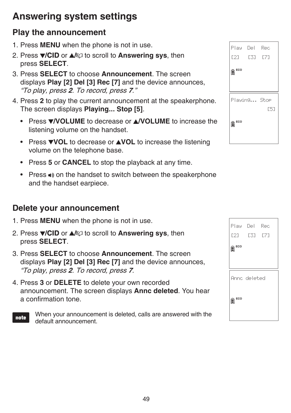 Play the announcement, Delete your announcement, Play the announcement delete your announcement | Answering system settings | VTech CS6859_-2-3-4 Manual User Manual | Page 53 / 89