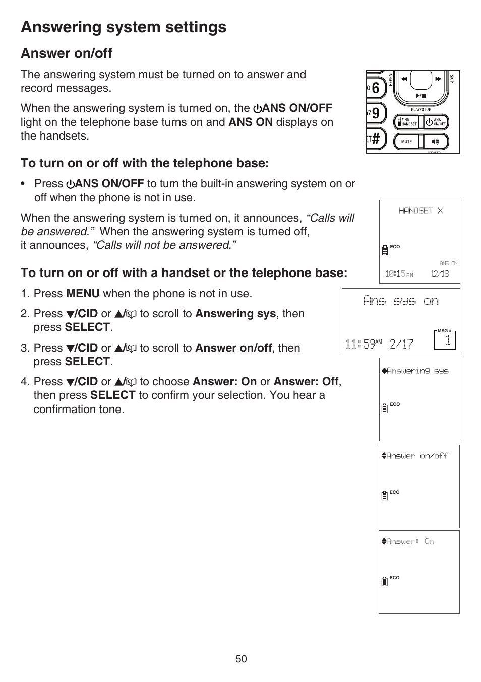 Answer on/off, Answering system settings | VTech CS6859_-2-3-4 Manual User Manual | Page 54 / 89