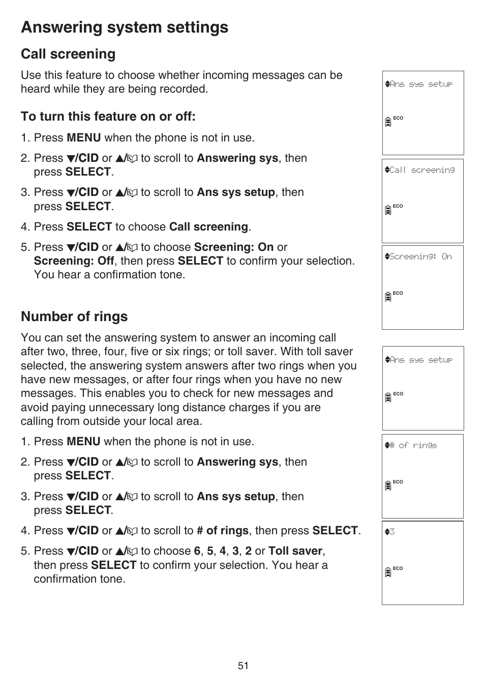 Call screening, Number of rings, Call screening number of rings | Answering system settings | VTech CS6859_-2-3-4 Manual User Manual | Page 55 / 89