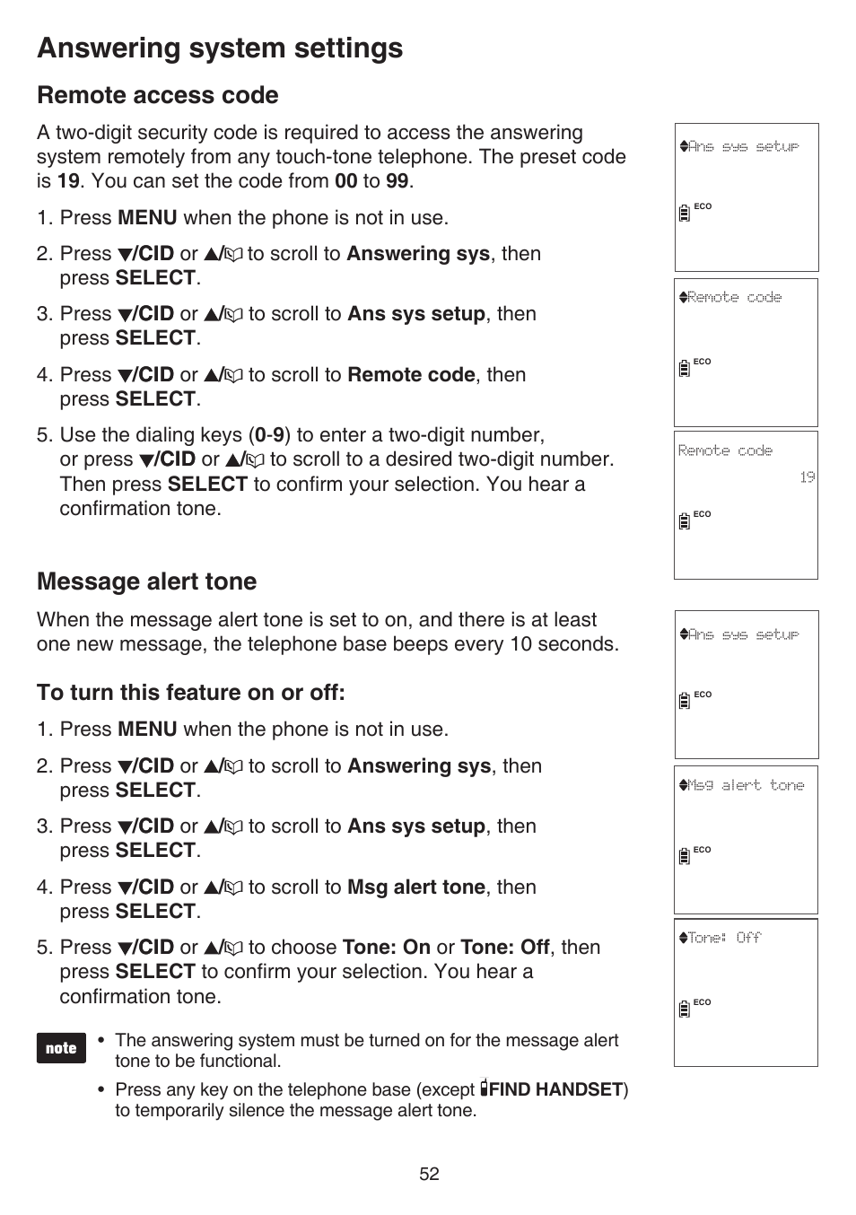 Remote access code, Message alert tone, Remote access code message alert tone | Answering system settings | VTech CS6859_-2-3-4 Manual User Manual | Page 56 / 89