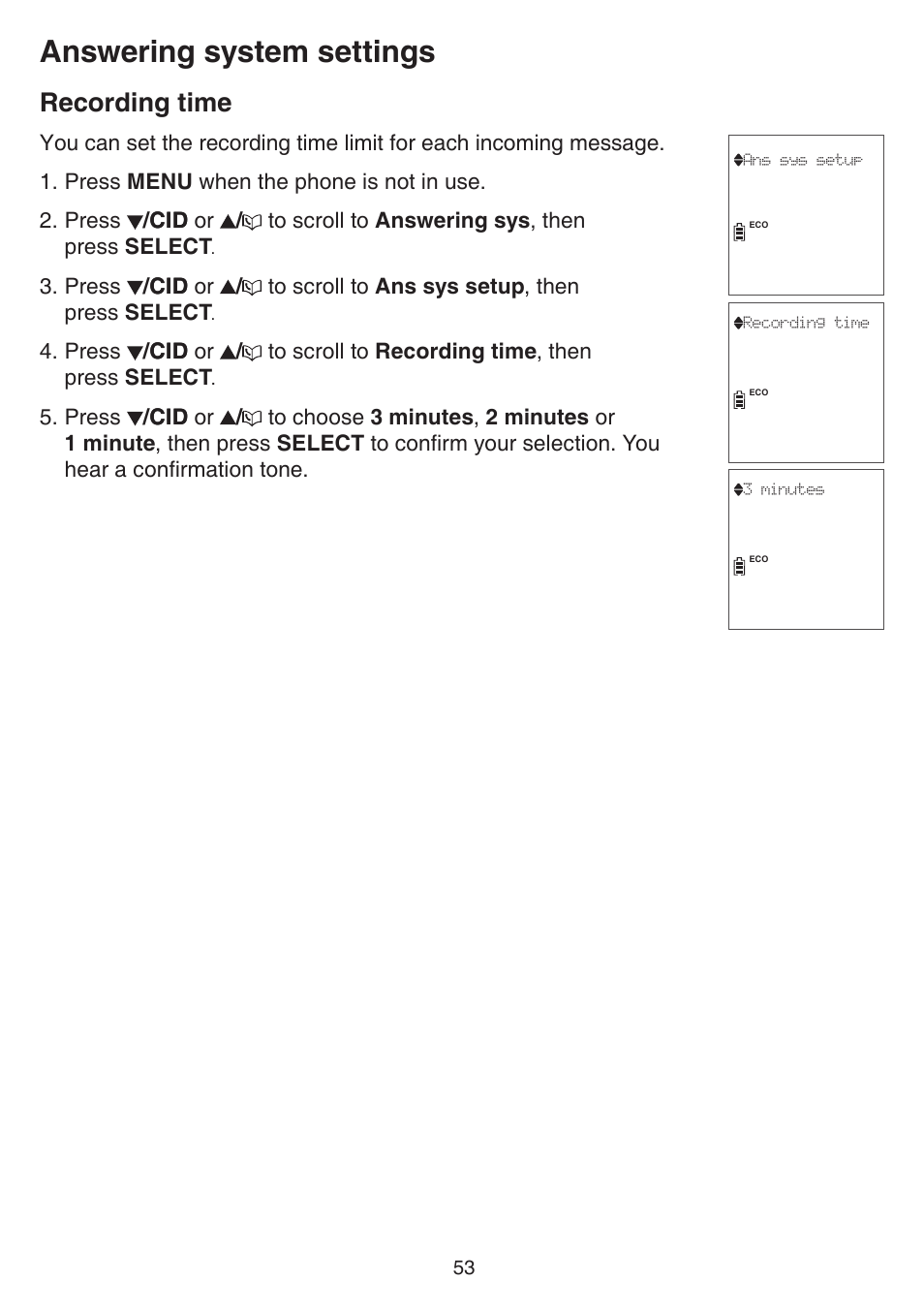 Recording time, Answering system settings | VTech CS6859_-2-3-4 Manual User Manual | Page 57 / 89