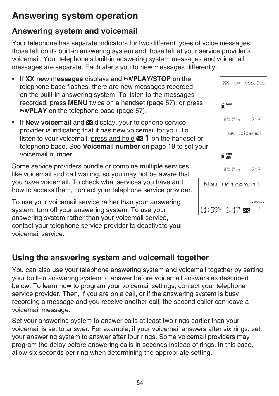 Answering system operation, Answering system and voicemail, Using the answering system and voicemail together | Voicemail together | VTech CS6859_-2-3-4 Manual User Manual | Page 58 / 89