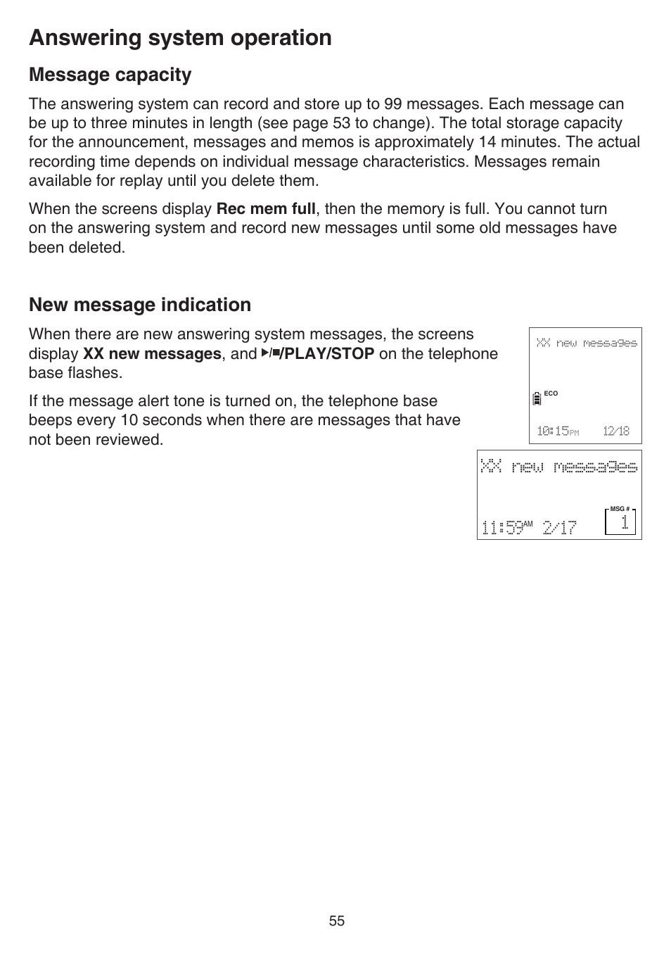 Message capacity, New message indication, Message capacity new message indication | Answering system operation | VTech CS6859_-2-3-4 Manual User Manual | Page 59 / 89