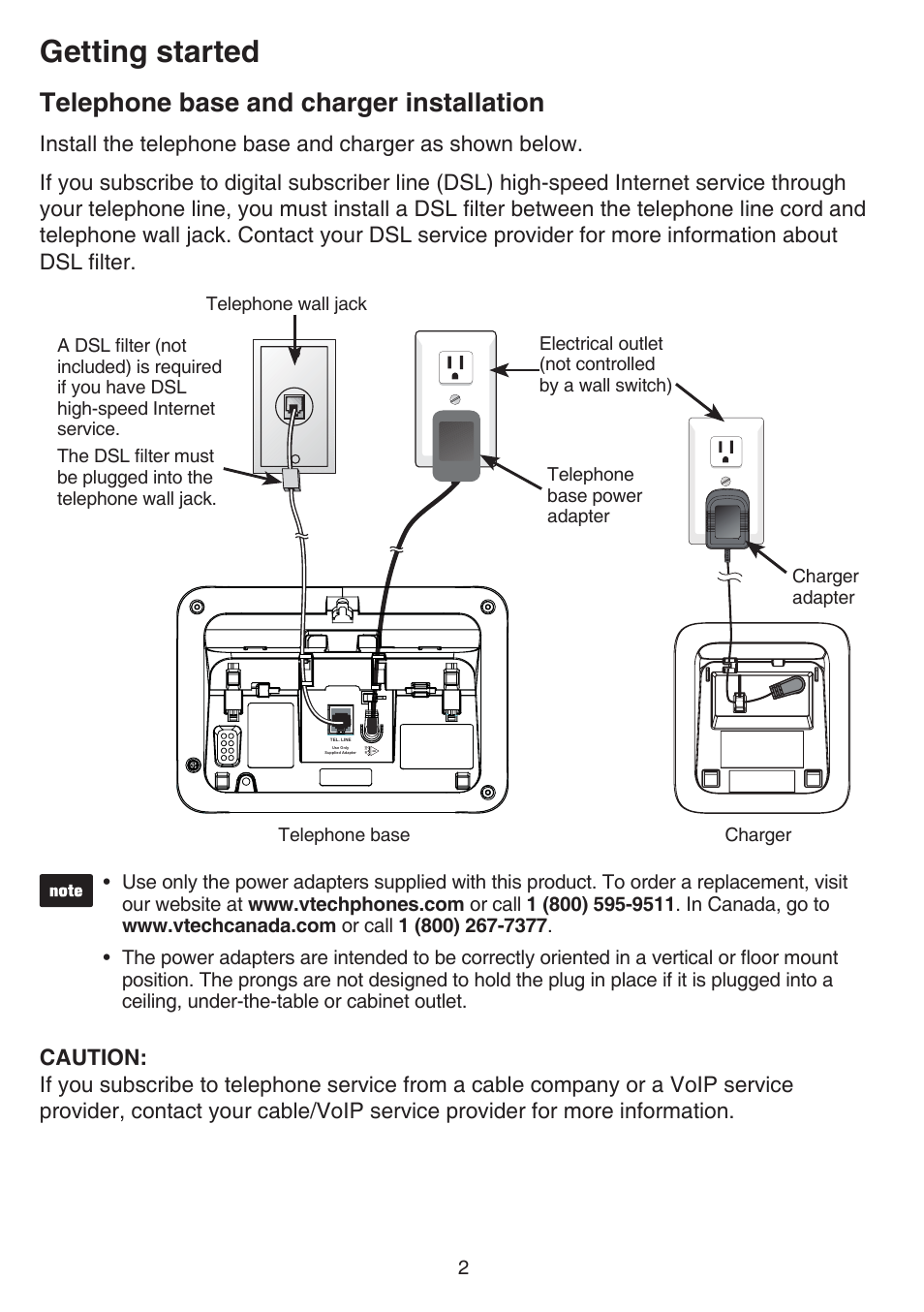 Telephone base and charger installation, Telephone base and charger, Installation | Getting started | VTech CS6859_-2-3-4 Manual User Manual | Page 6 / 89