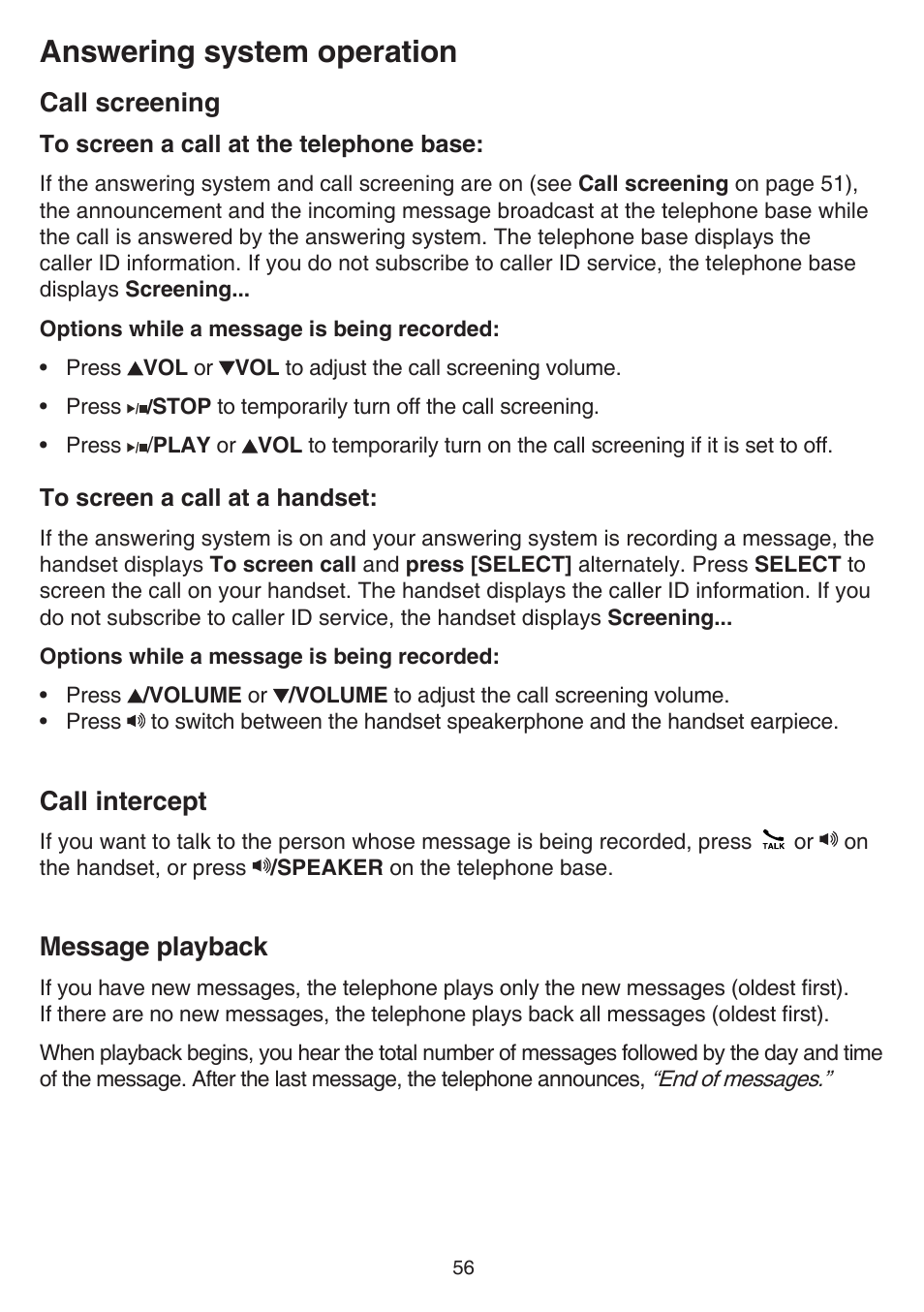 Call screening, Call intercept, Message playback | Call screening call intercept message playback, Answering system operation | VTech CS6859_-2-3-4 Manual User Manual | Page 60 / 89