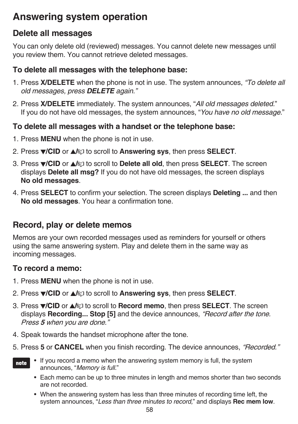 Delete all messages, Record, play or delete memos, Delete all messages record, play or delete memos | Answering system operation | VTech CS6859_-2-3-4 Manual User Manual | Page 62 / 89