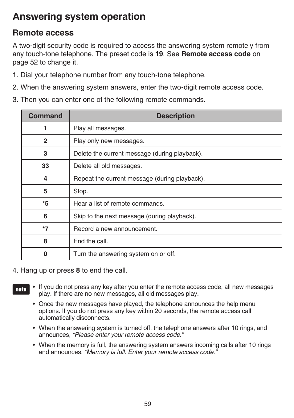 Remote access, Answering system operation | VTech CS6859_-2-3-4 Manual User Manual | Page 63 / 89