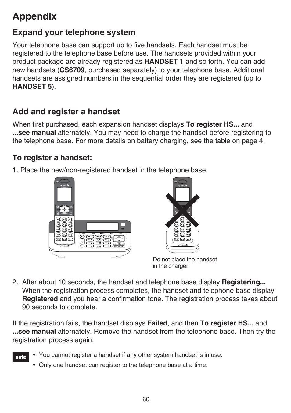 Appendix, Expand your telephone system, Add and register a handset | VTech CS6859_-2-3-4 Manual User Manual | Page 64 / 89