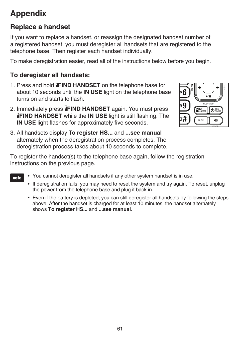 Replace a handset, Appendix | VTech CS6859_-2-3-4 Manual User Manual | Page 65 / 89