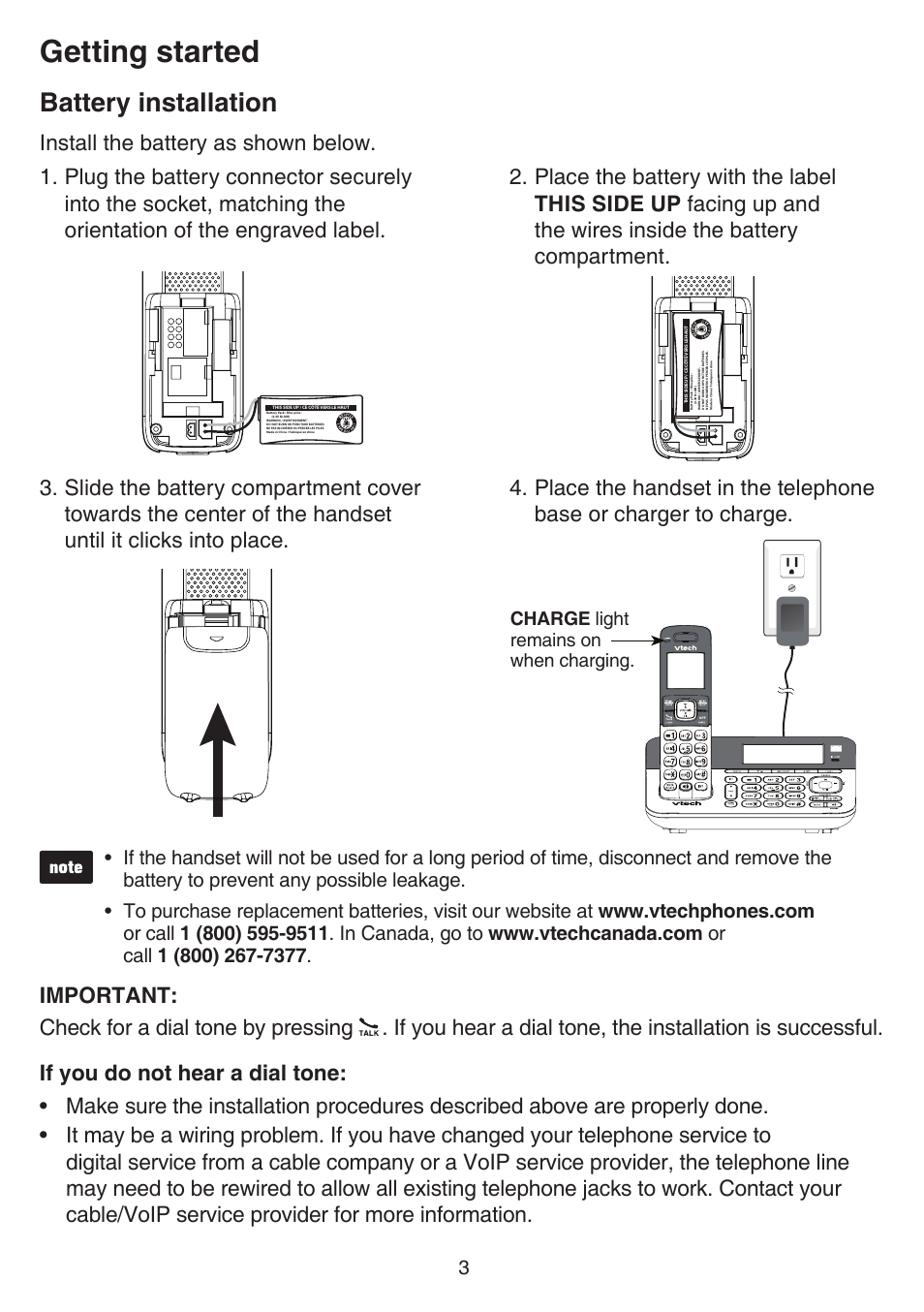 Battery installation, Getting started, Install the battery as shown below | Charge light remains on when charging | VTech CS6859_-2-3-4 Manual User Manual | Page 7 / 89