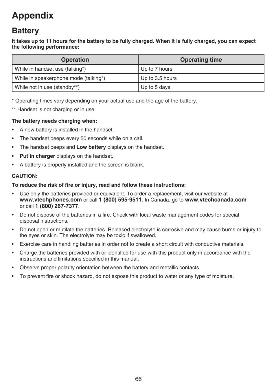 Battery, Appendix | VTech CS6859_-2-3-4 Manual User Manual | Page 70 / 89