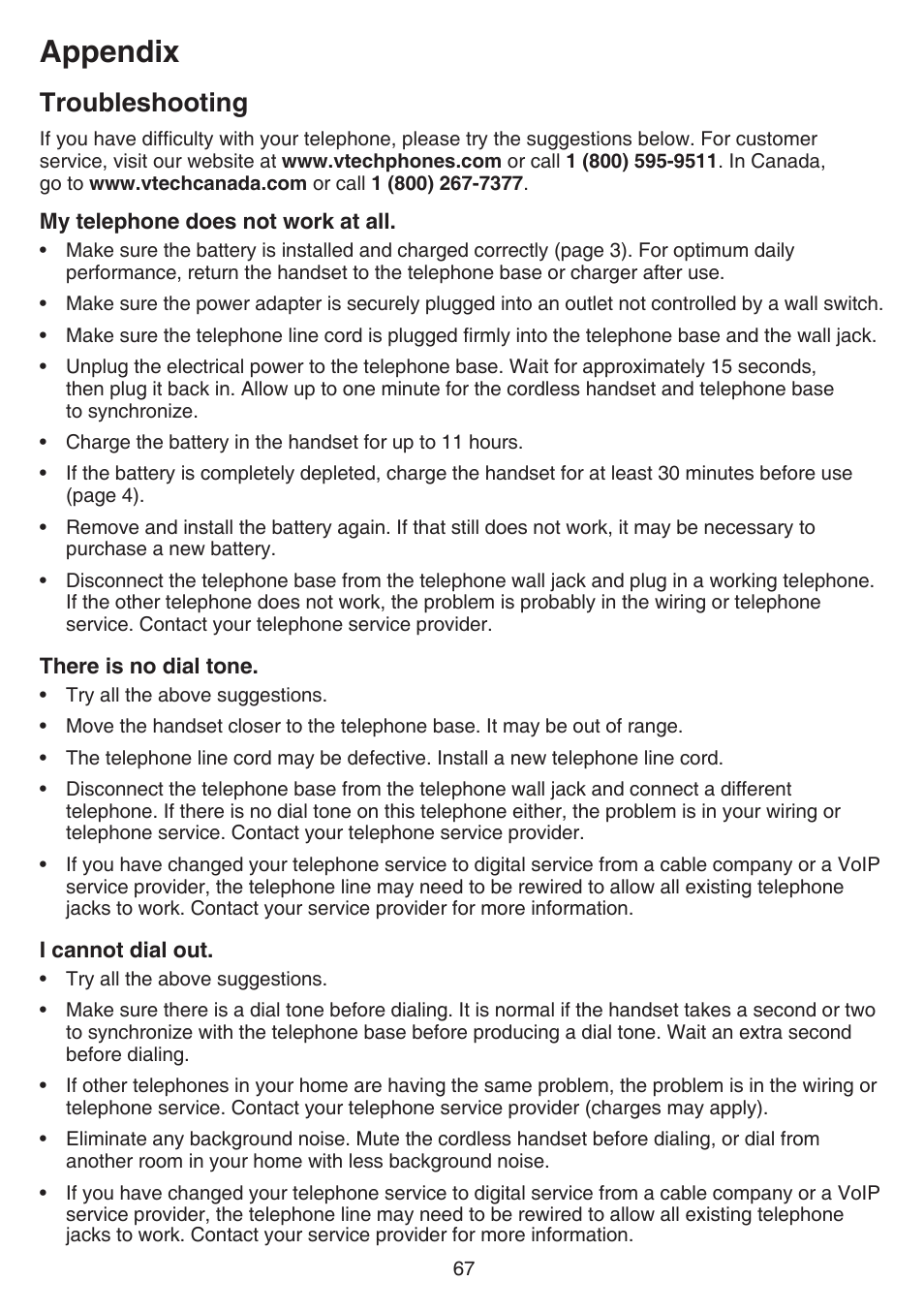 Troubleshooting, Appendix | VTech CS6859_-2-3-4 Manual User Manual | Page 71 / 89