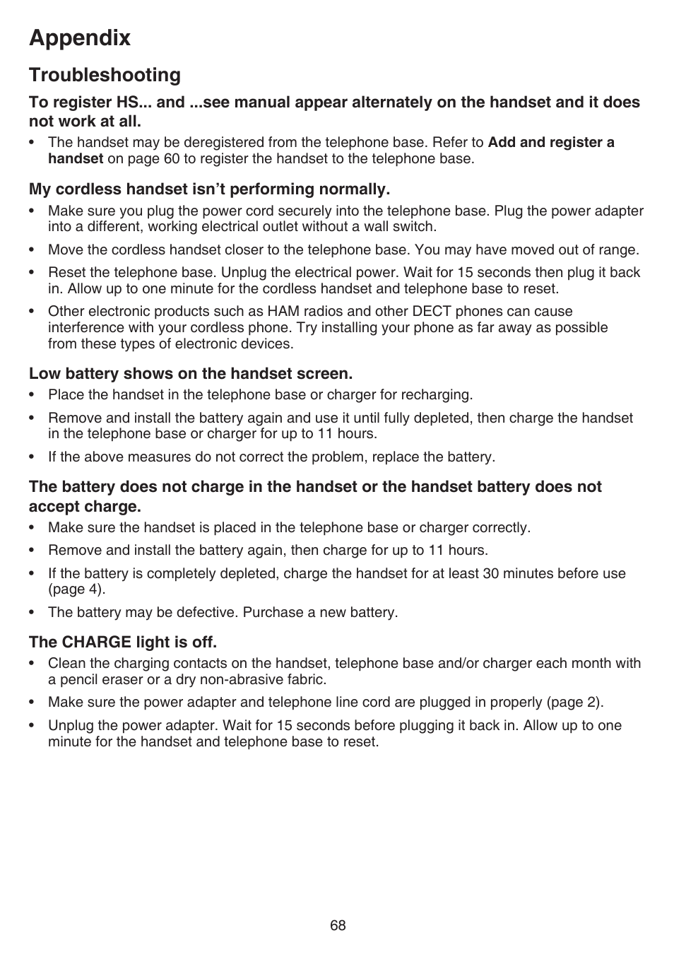 Appendix, Troubleshooting | VTech CS6859_-2-3-4 Manual User Manual | Page 72 / 89