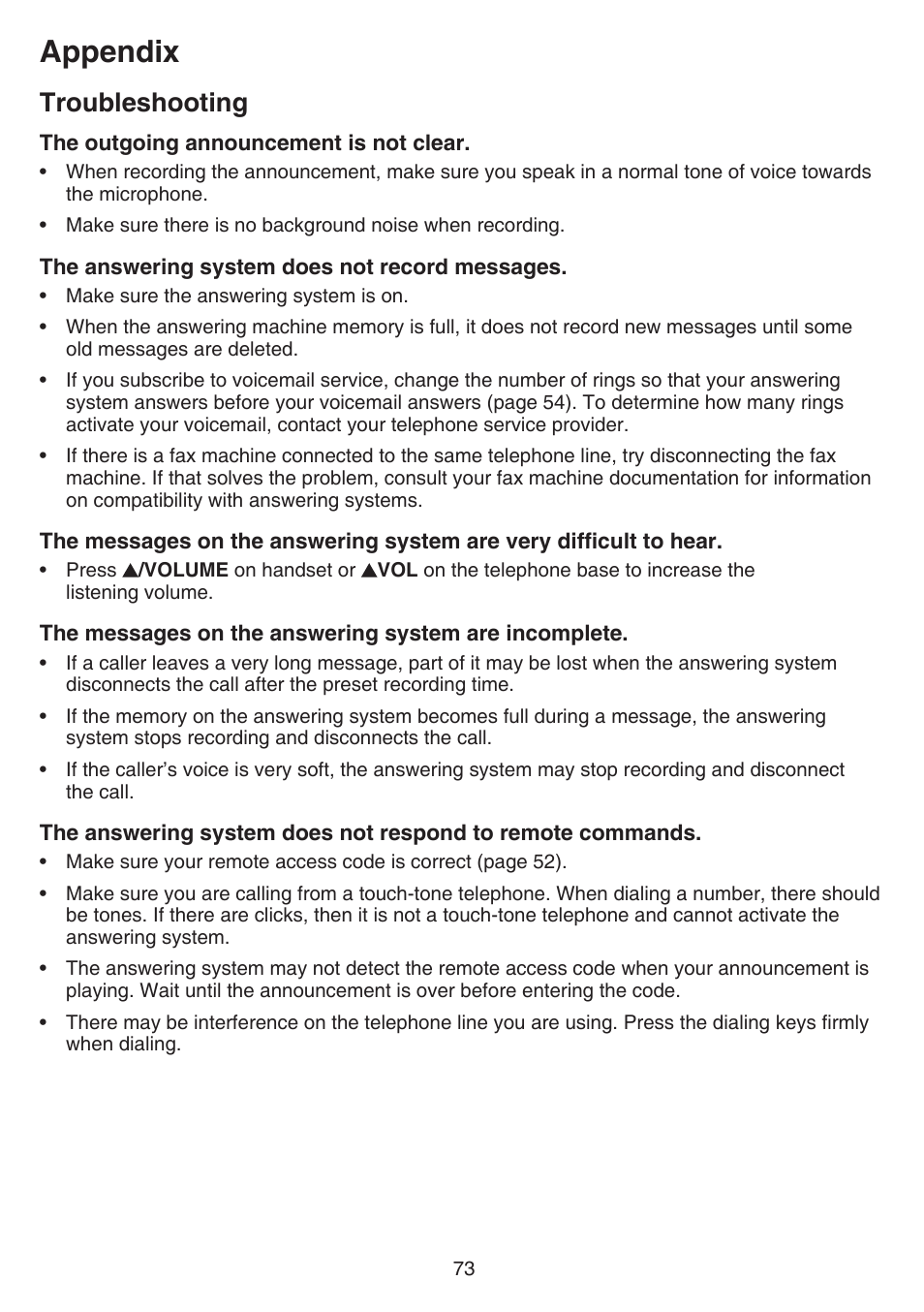 Appendix, Troubleshooting | VTech CS6859_-2-3-4 Manual User Manual | Page 77 / 89