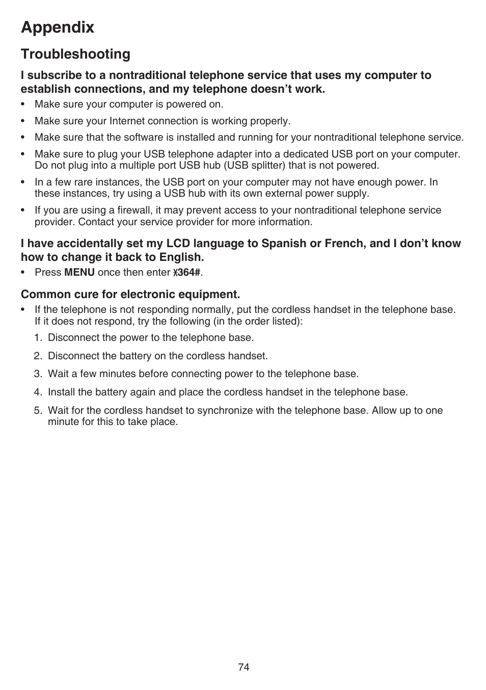 Appendix, Troubleshooting | VTech CS6859_-2-3-4 Manual User Manual | Page 78 / 89