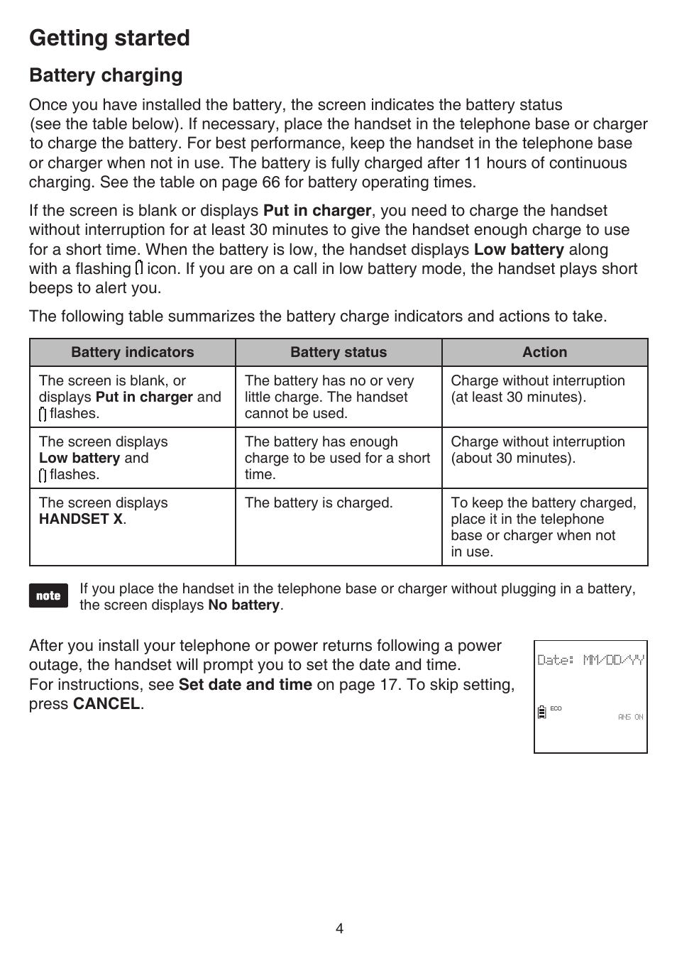 Battery charging, Getting started | VTech CS6859_-2-3-4 Manual User Manual | Page 8 / 89