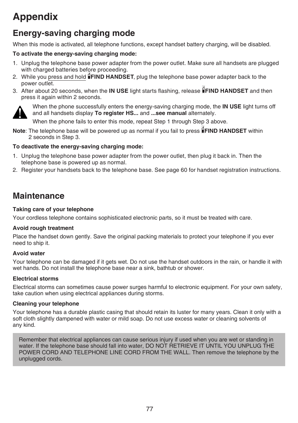 Energy-saving charging mode, Maintenance, Energy-saving charging mode maintenance | Appendix | VTech CS6859_-2-3-4 Manual User Manual | Page 81 / 89