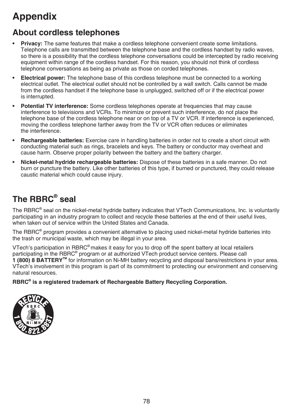 About cordless telephones, The rbrc® seal, About cordless telephones the rbrc | Seal, Appendix, The rbrc | VTech CS6859_-2-3-4 Manual User Manual | Page 82 / 89