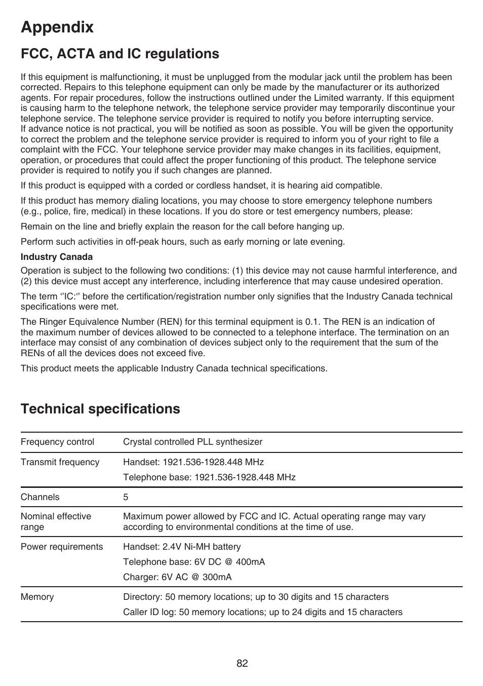 Technical specifications, Appendix, Fcc, acta and ic regulations | VTech CS6859_-2-3-4 Manual User Manual | Page 86 / 89