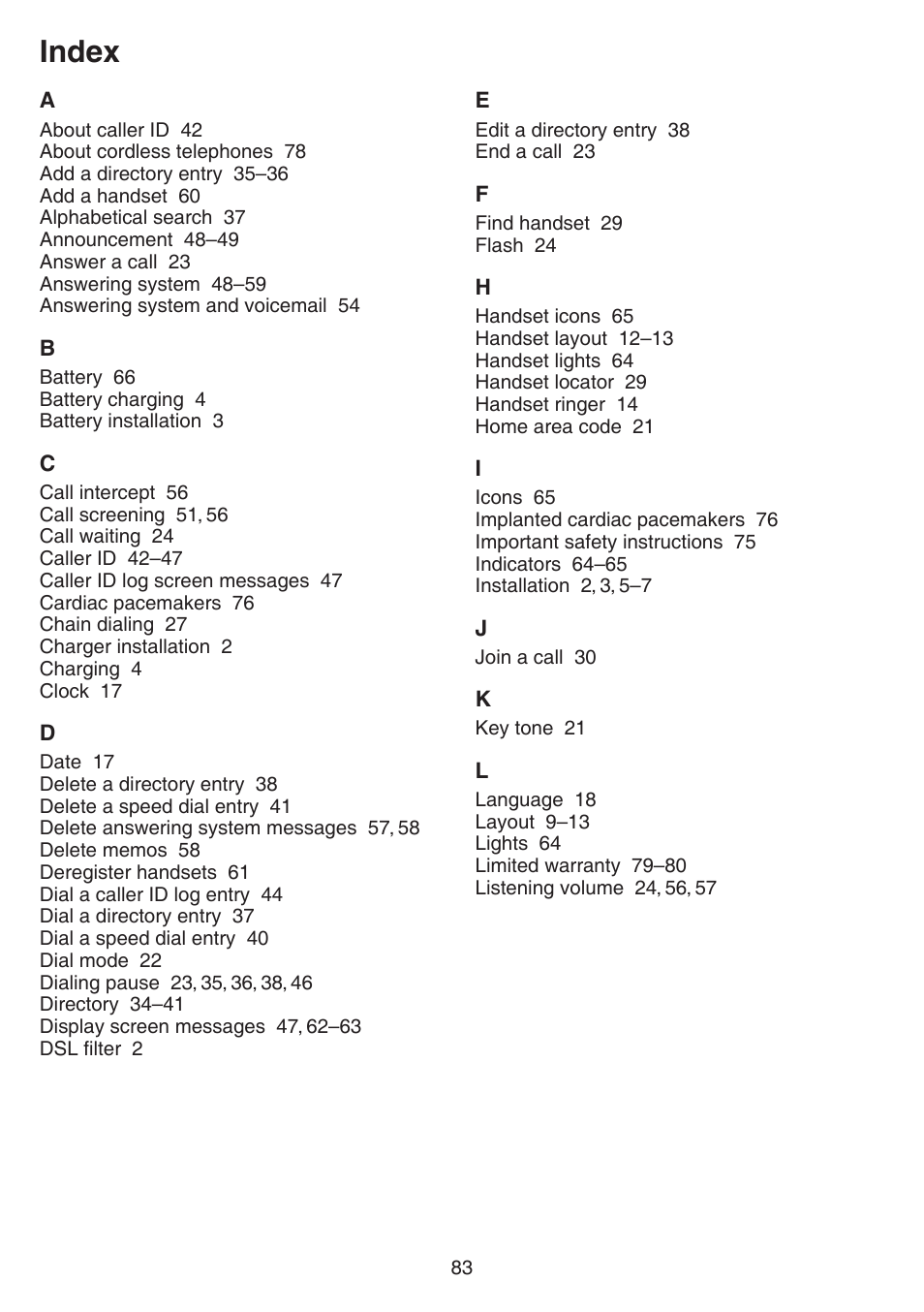 Index | VTech CS6859_-2-3-4 Manual User Manual | Page 87 / 89