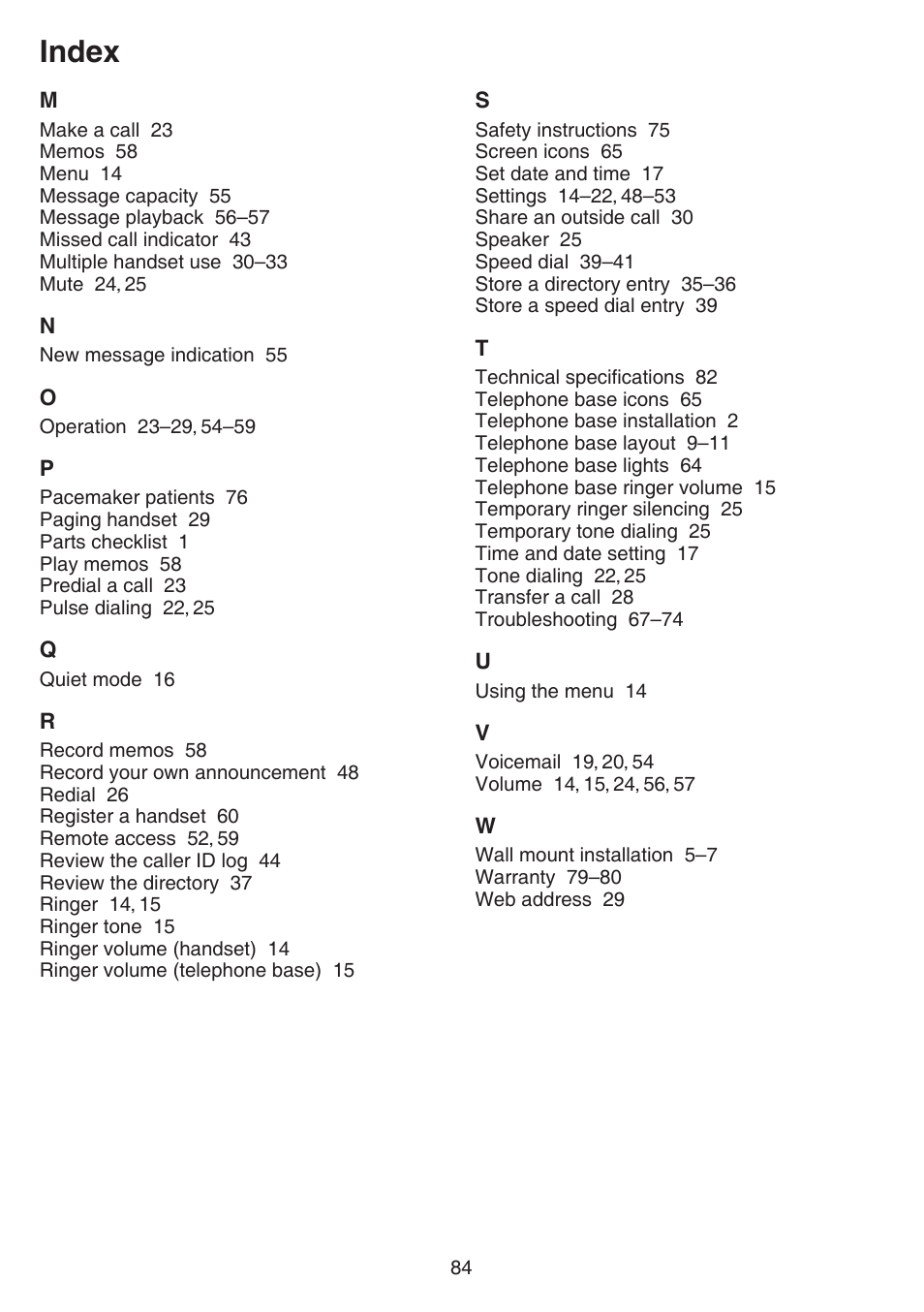 Index | VTech CS6859_-2-3-4 Manual User Manual | Page 88 / 89