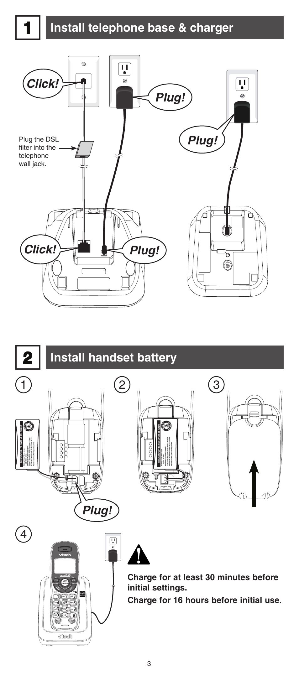 Install handset battery, Plug, Plug the dsl filter into the telephone wall jack | VTech CS6114-2 (without LED) Abridged manual User Manual | Page 3 / 12