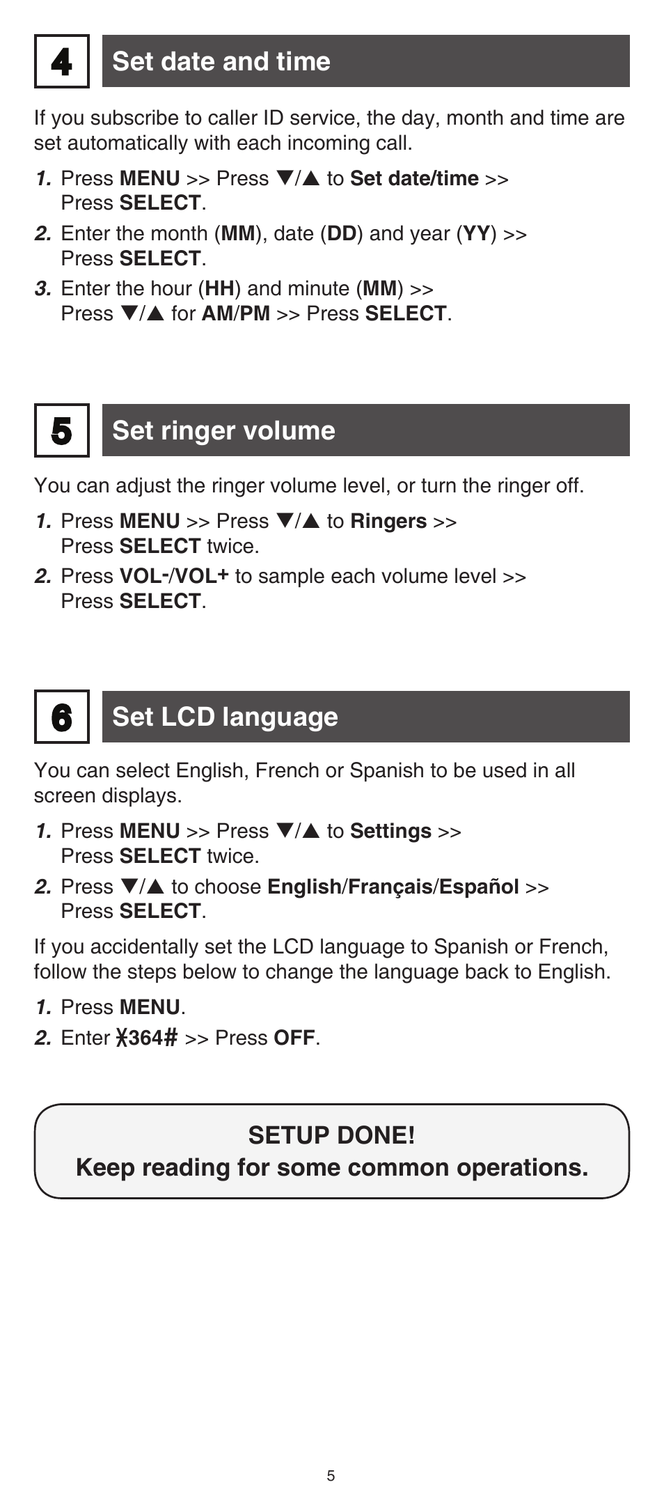 Set date and time, Set ringer volume, Set lcd language | VTech CS6114-2 (without LED) Abridged manual User Manual | Page 5 / 12