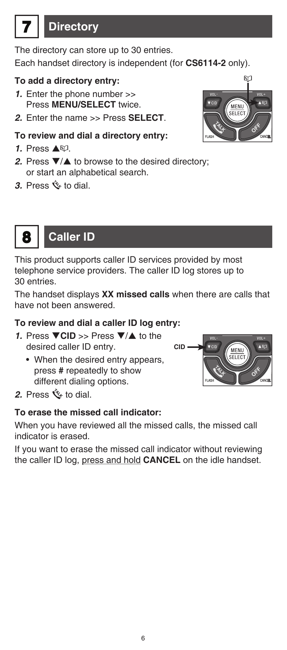 Directory, Caller id | VTech CS6114-2 (without LED) Abridged manual User Manual | Page 6 / 12