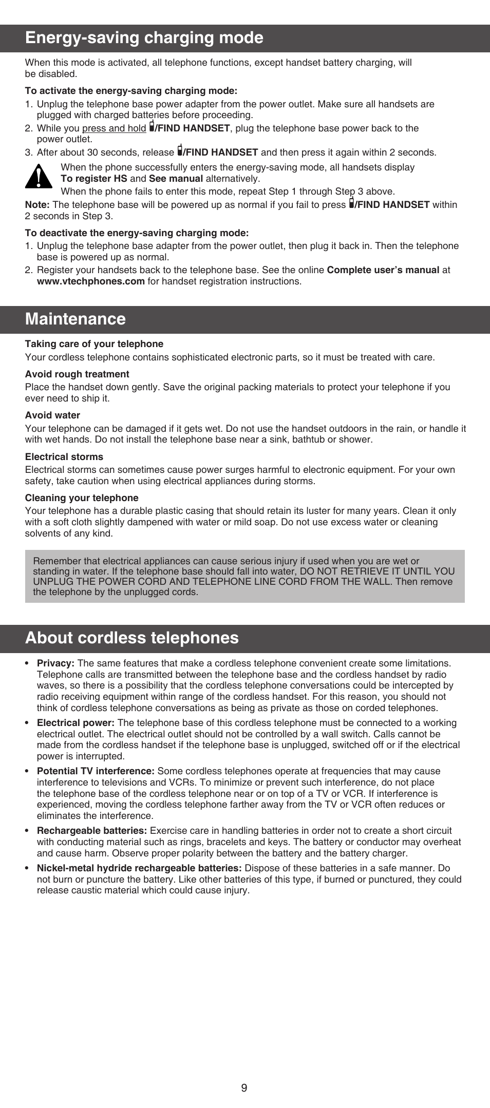 Energy-saving charging mode, Maintenance, About cordless telephones | VTech CS6114-2 (without LED) Abridged manual User Manual | Page 9 / 12