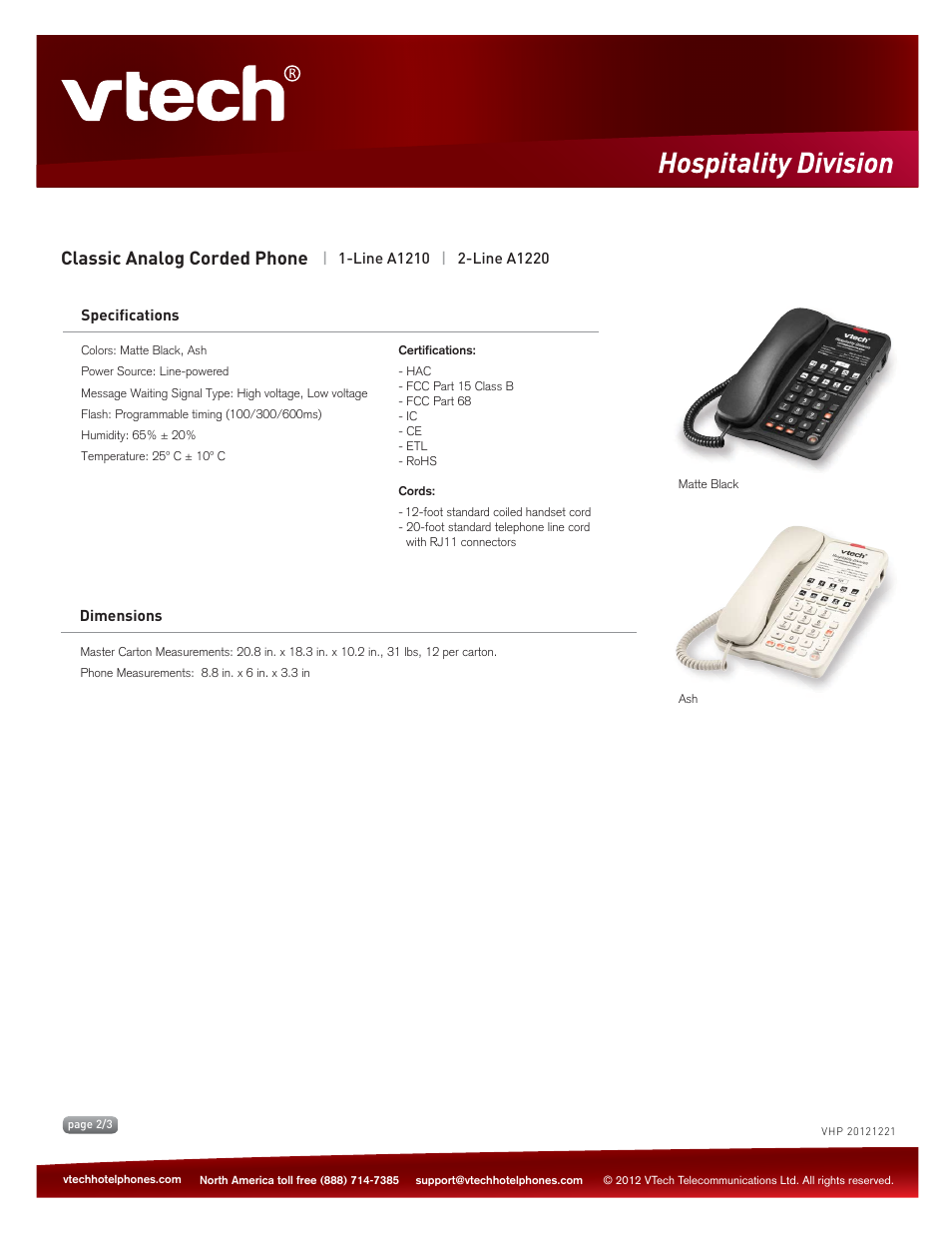 Key features, Classic analog corded phone | VTech A1220 Spec Sheets User Manual | Page 2 / 3