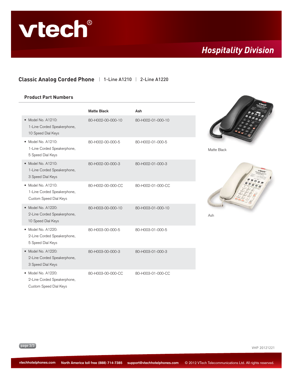 Key features, Classic analog corded phone | VTech A1220 Spec Sheets User Manual | Page 3 / 3