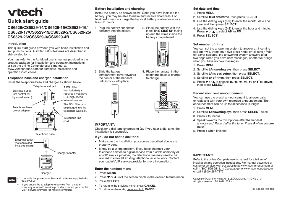 VTech CS6529-4B Quick start User Manual | 2 pages