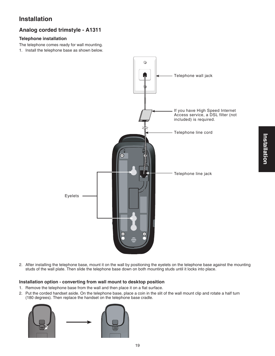 Analog corded trimstyle - a1311, Installation | VTech C3200 Manual User Manual | Page 22 / 56